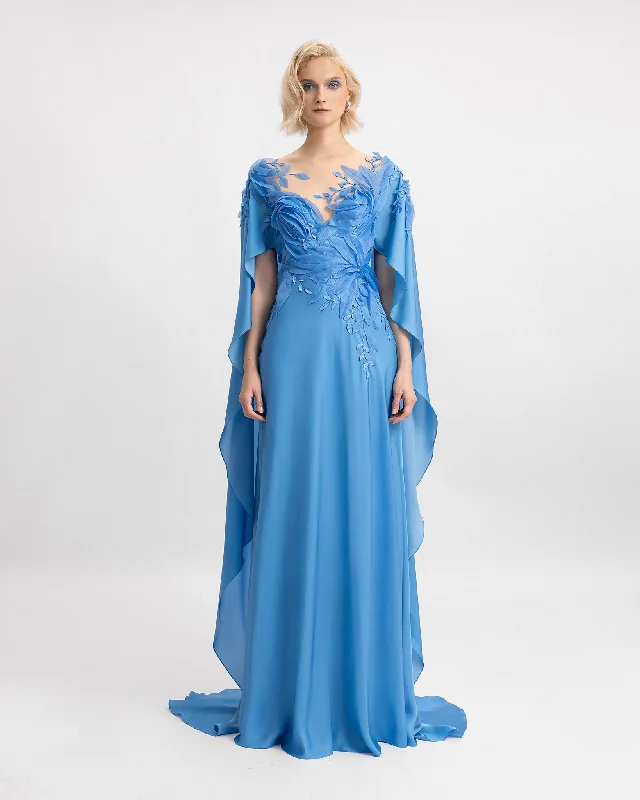 elegant satin dress-Embroidered Dress with Ruffled Cape-Like Sleeves