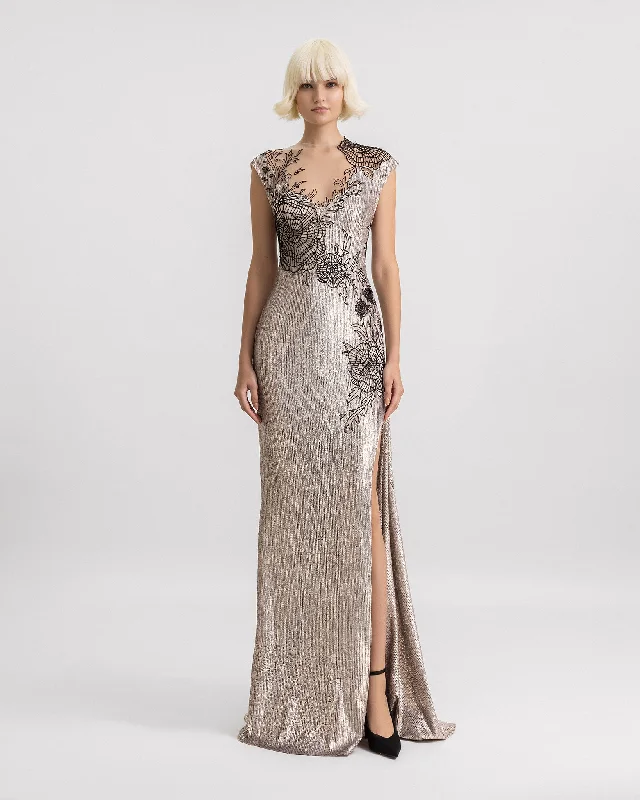 asymmetrical prom dress-Embroidered Sequins Slim-Cut Dress