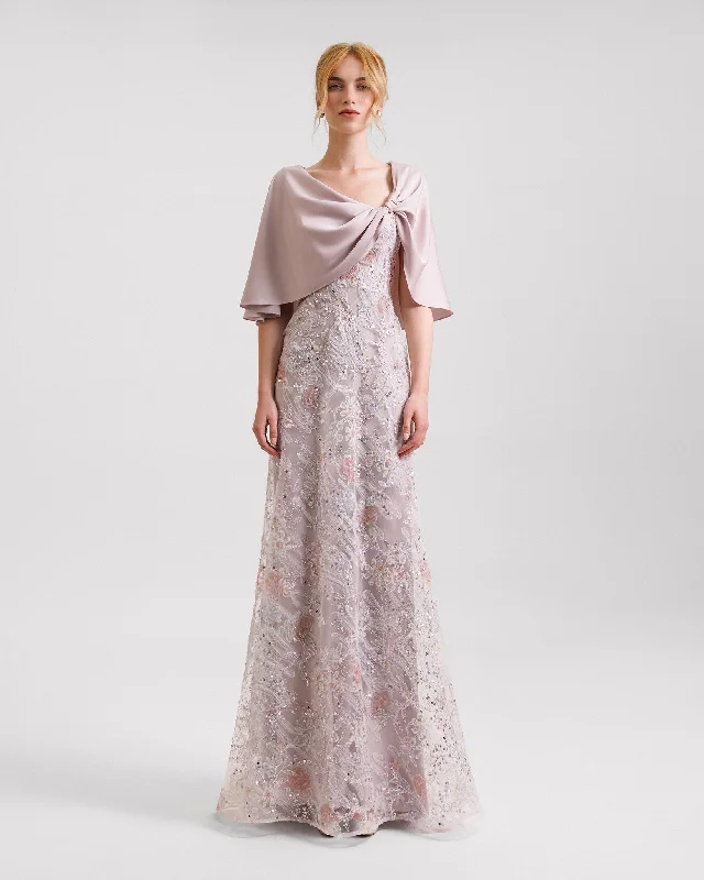 shift cocktail dress-Embroidery Sleeve Cape-Like Dress