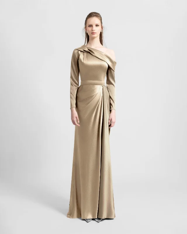 off shoulder dress-Gold Asymmetrical Draped Neckline Dress