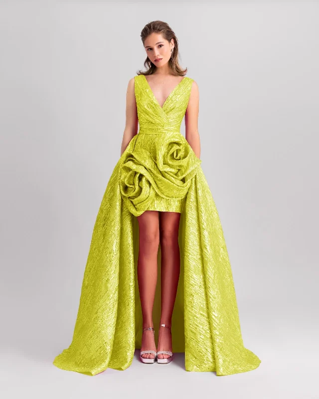 plaid flannel dress-Lime Long Dress With Draped Flowers