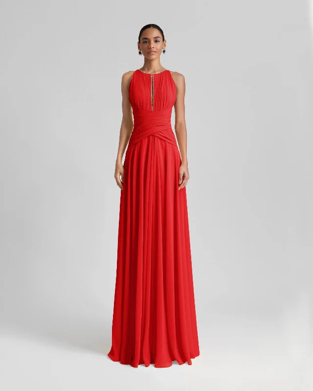 embroidered boho dress-Long Red Dress With Drapings On The Waist