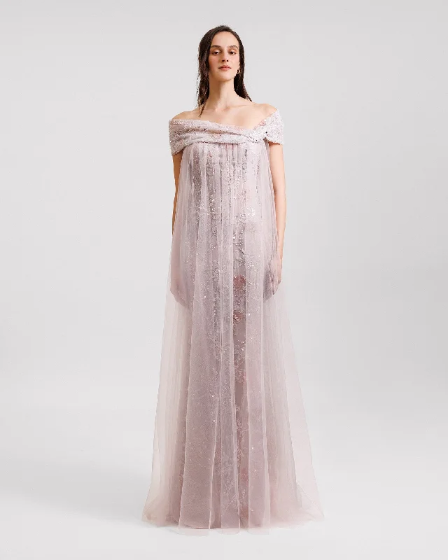 knit evening dress-Off-the-Shoulder Loose Tulle Dress