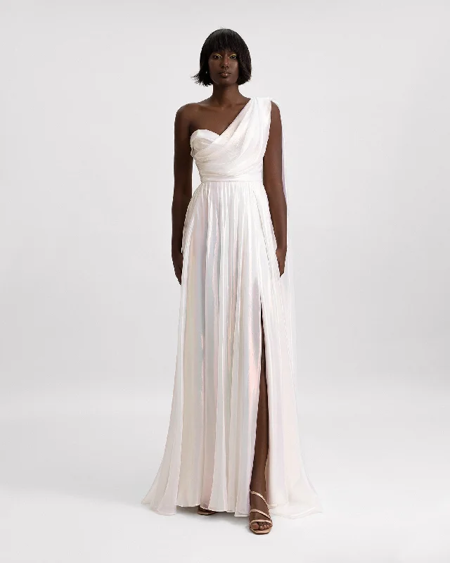 high low prom dress-One-Shoulder Draped Chiffon Dress