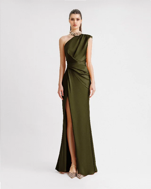 bodycon party dress-One-Shoulder Draped Olive Dress