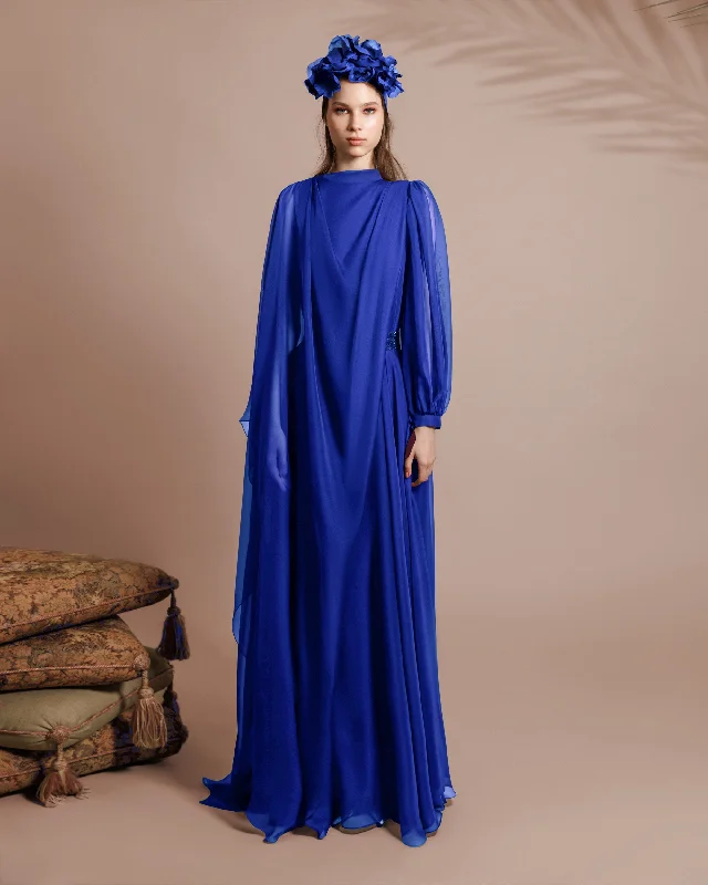 pleated cocktail dress-Soft Lame Dark Blue Organza Kaftan