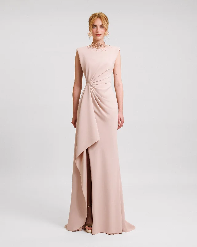 satin evening dress-Stone-Embellished Collar Dress