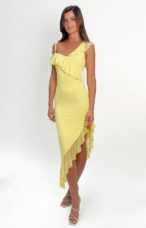 white prom dress-Everleene Yellow Ruffle Mesh Midi Dress