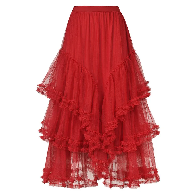 elegant midi dress-Fairy Ruched High Waist Stringy Selvedge Trim Ruffled Tiered Tulle Midi Skirt