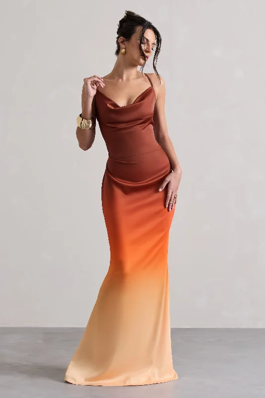 brown sundress-Fiji | Orange Ombre Satin Cowl-Neck Strappy Maxi Dress