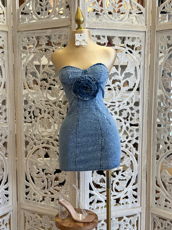 teal cocktail dress-Flower Detail Denim Mini Dress- Slightly Stretchy