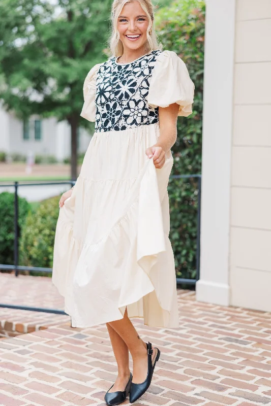 navy blue cocktail dress-For The Moment Taupe Crochet Midi Dress