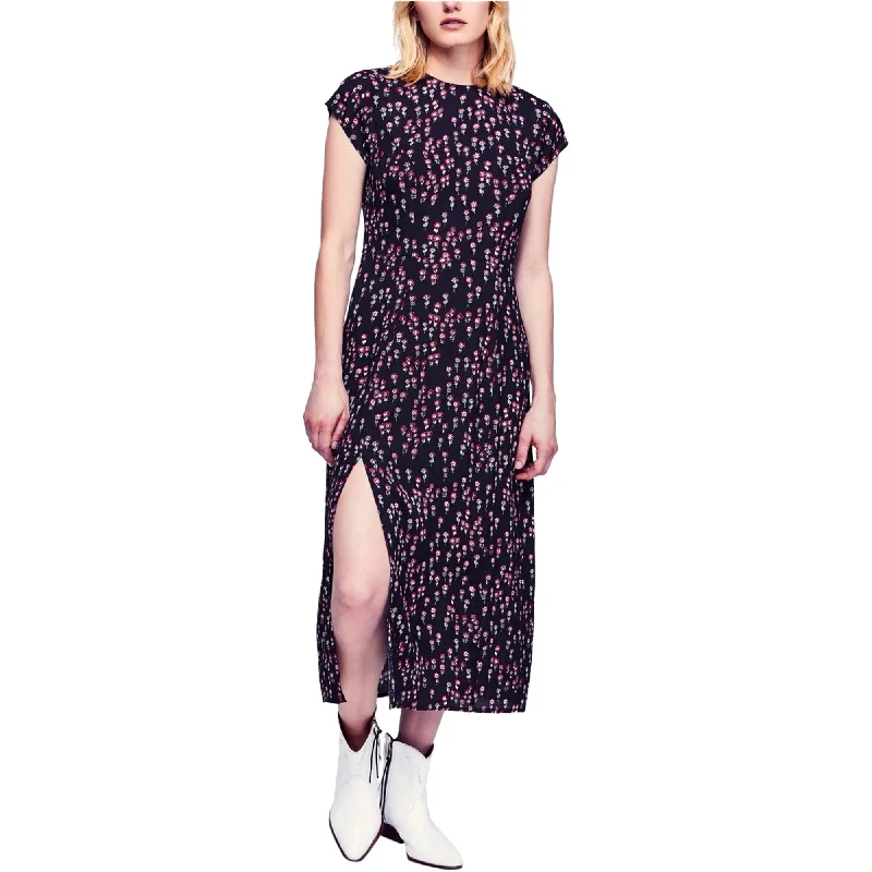 asymmetrical prom dress-Free People Womens Corrie Floral Print Midi Dress, Black, 2