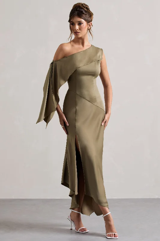 striped mini dress-Freesia | Olive Satin Asymmetric Draped Split Maxi Dress