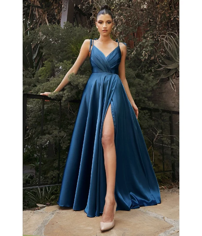 cold shoulder prom dress-Cinderella Divine  French Navy Flowy Satin A-Line Bridesmaid Gown