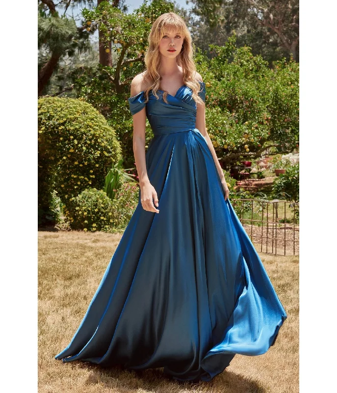 elegant midi dress-Cinderella Divine French Navy Satin Off The Shoulder Bridesmaid Gown