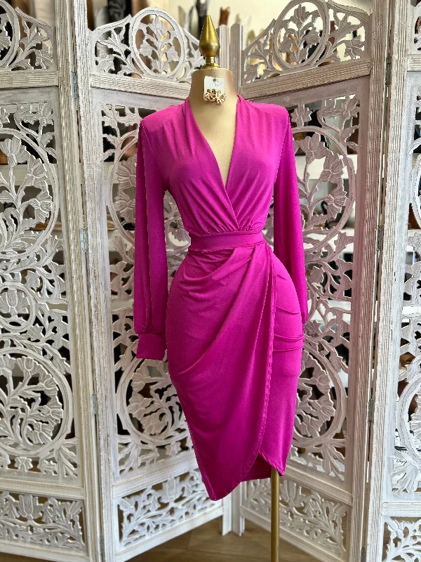 emerald green dress-Fuchsia Draped Midi Dress- Very Stretchy