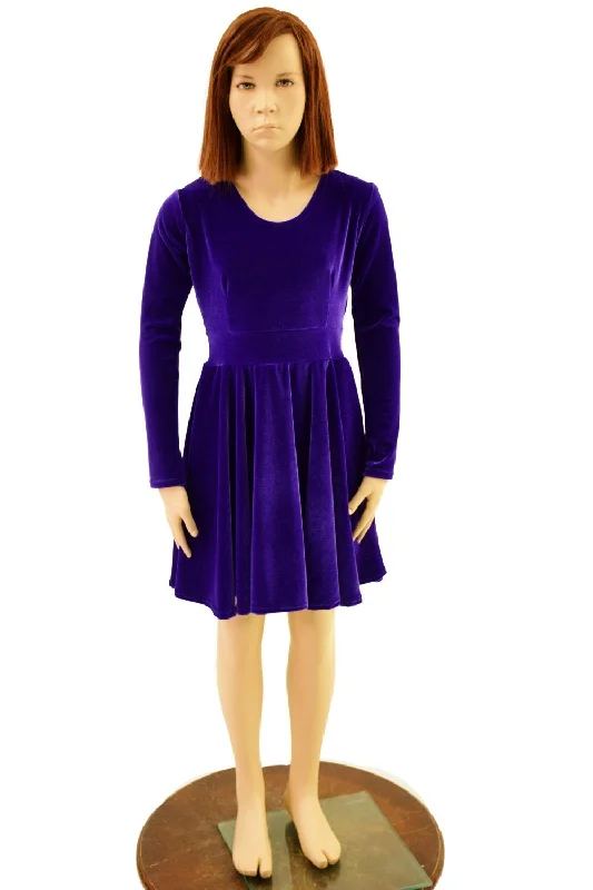 sequin prom dress-Girls Purple Velvet Long Sleeve Skater Dress