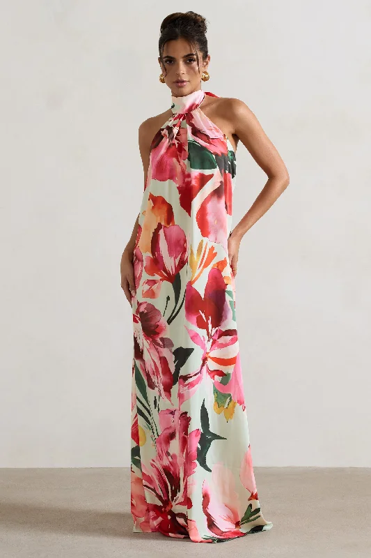 cold shoulder sundress-Gloriana | Mint Floral Print Satin High-Neck Maxi Dress