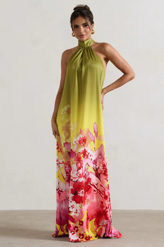 button down maxi dress-Gloriana | Pink and Green Floral Print Satin High-Neck Maxi Dress