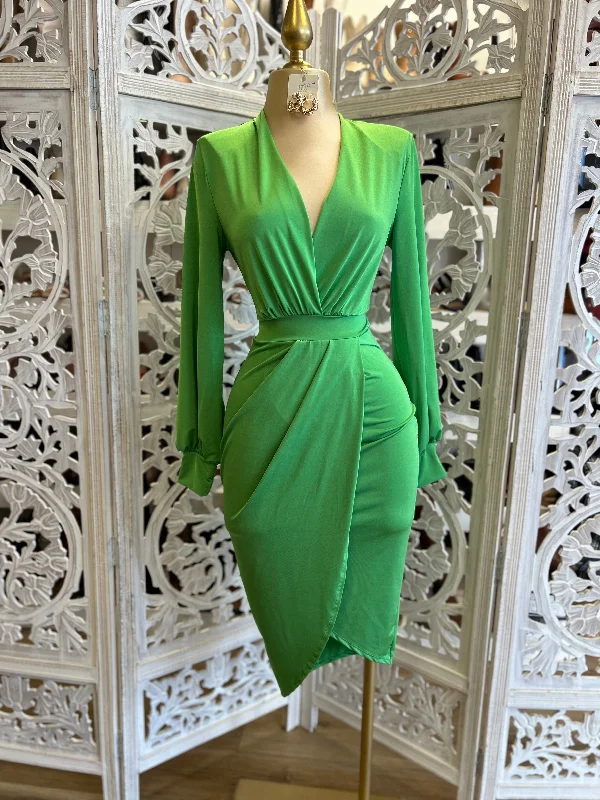 burgundy velvet dress-Green Draped Midi Dress- Very Stretchy