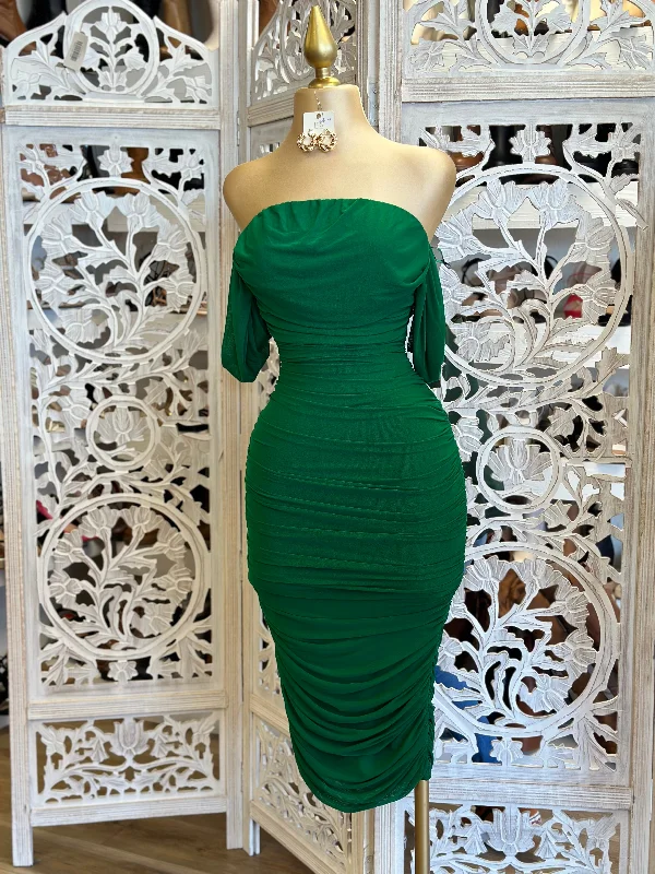 one shoulder prom dress-Green Off Shoulder Midi Ruched Dress- Stretchy