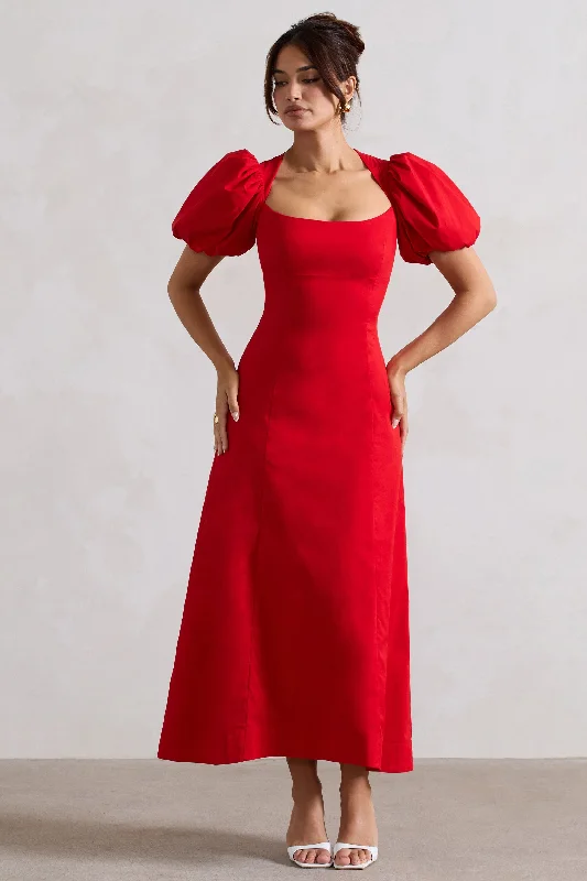 one shoulder dress-Hacienda | Red Poplin Puff-Sleeve Maxi Dress