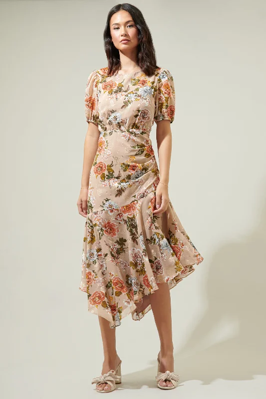 glitter cocktail dress-Harbin Floral Balboa Asymmetrical Midi Dress