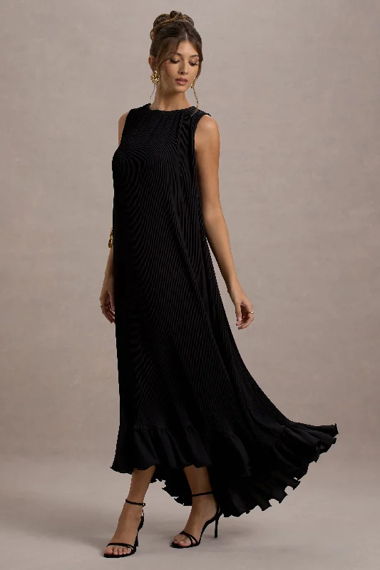 long sleeve maxi dress-Hazelle | Black Chiffon A-Line Ruffled Maxi Dress