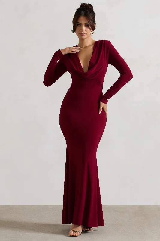 ruffled prom dress-Heavy Heart | Berry Cowl-Neck Long-Sleeve Maxi Dress