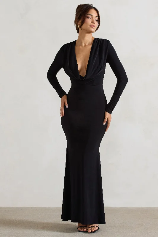 chic prom dress-Heavy Heart | Black Cowl-Neck Long-Sleeve Maxi Dress