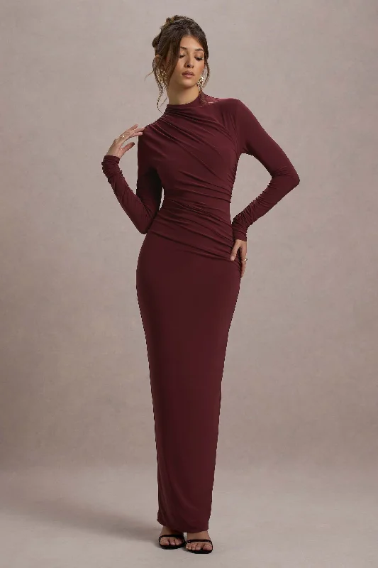 brown boho dress-Hespera | Port High-Neck Long-Sleeve Gathered Maxi Dress