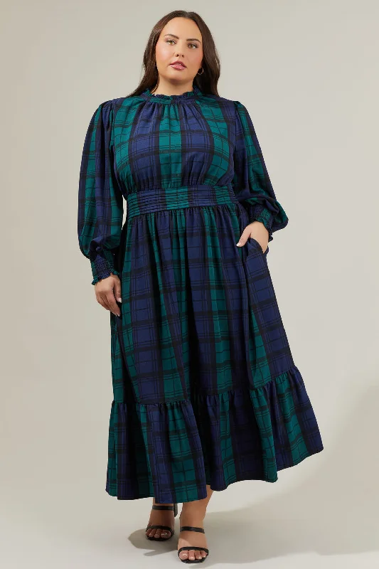 navy blue evening dress-Hudson Plaid Caitlyn Smock Sleeve Midi Dress Curve