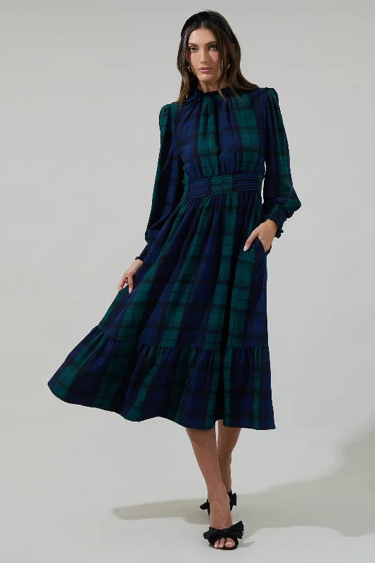 burgundy evening dress-Hudson Plaid Caitlyn Smock Sleeve Midi Dress