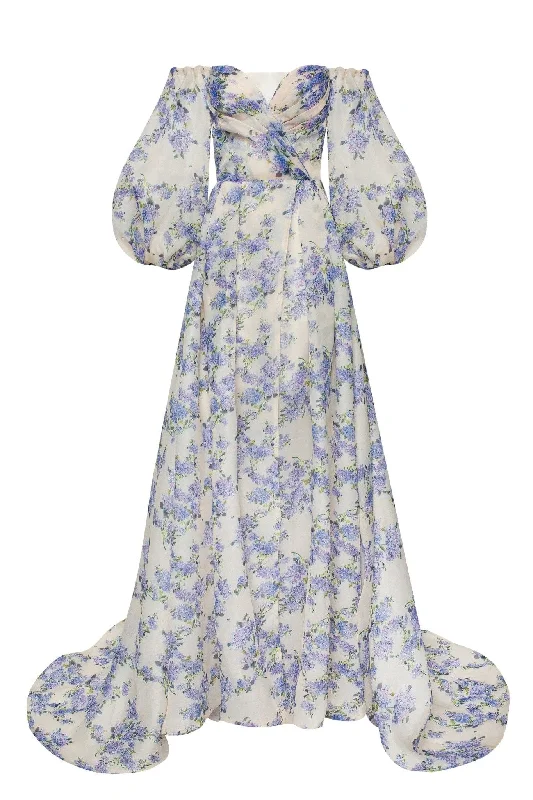 royal blue cocktail dress-Hydrangea Elegant floral puff sleeve maxi dress