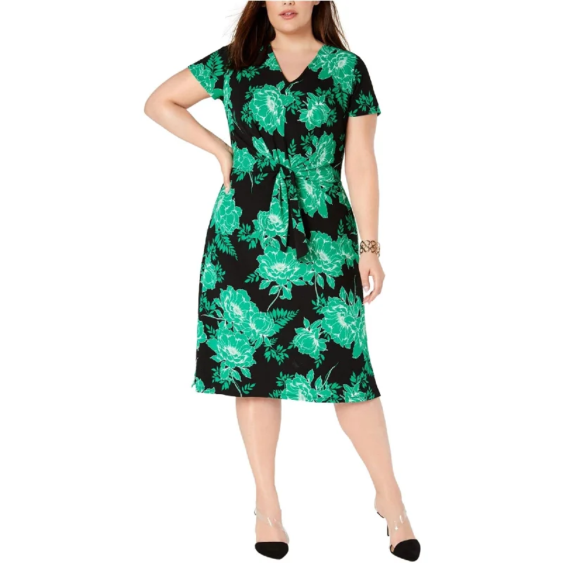 plaid shirt dress-I-N-C Womens Twist Front Midi Dress, Green, 2X