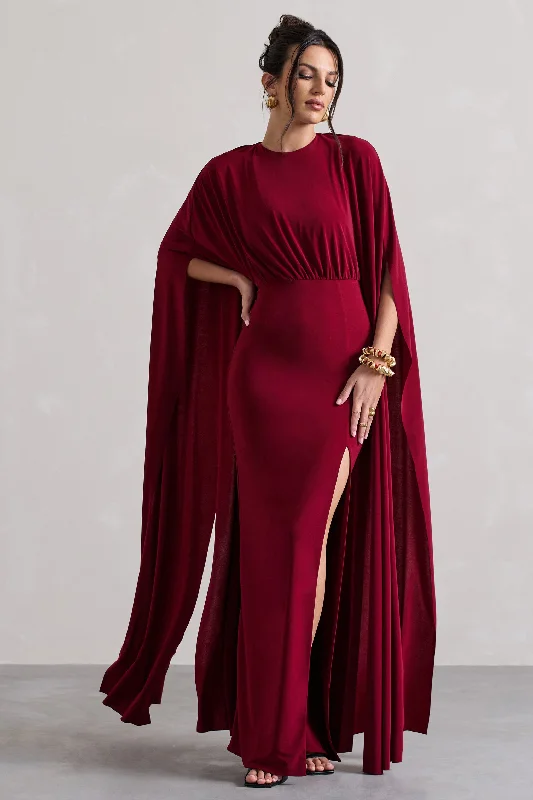 pleated sundress-Ilaria | Berry Cape Sleeve Split Maxi Dress