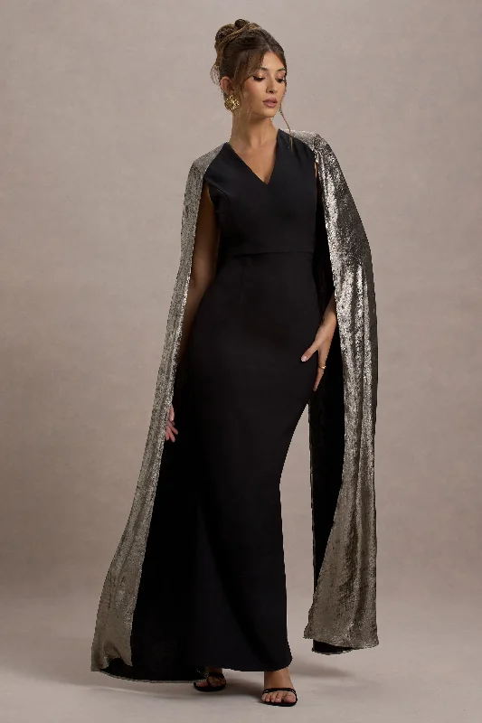 olive green dress-Ilenia | Black V-Neck Maxi Dress With Metallic Cape