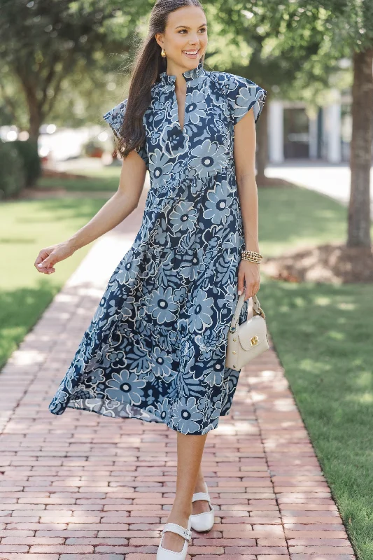 burgundy satin dress-In Your Dreams Navy Blue Floral Midi Dress