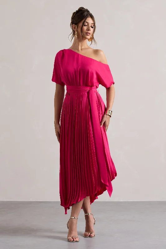 ruched prom dress-India | Hot Pink Satin Asymmetric Plisse Maxi Dress