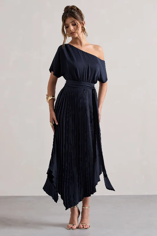 long sleeve cocktail dress-India | Navy Satin Asymmetric Plisse Maxi Dress