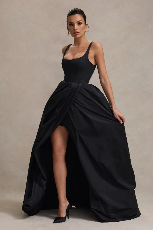 polka dot evening dress-Infinite | Black Strappy Maxi Dress With Volume High-Low Skirt