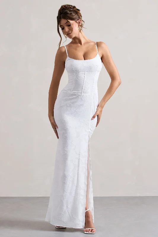 sheer sleeve maxi dress-Intimacy | White Lace Corset Split Maxi Dress