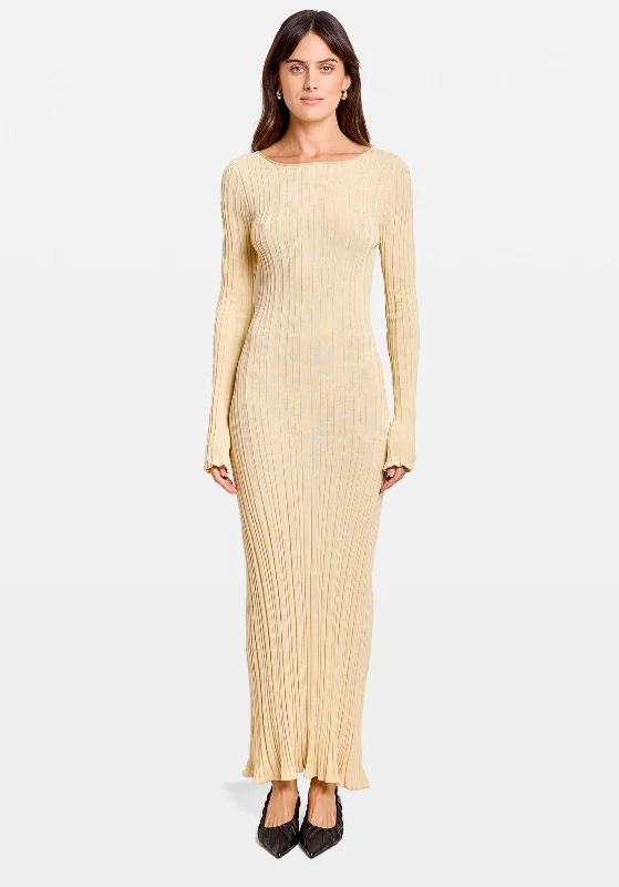 gold metallic dress-IRREGULAR RIB KNIT LS MIDI DRESS BUTTER