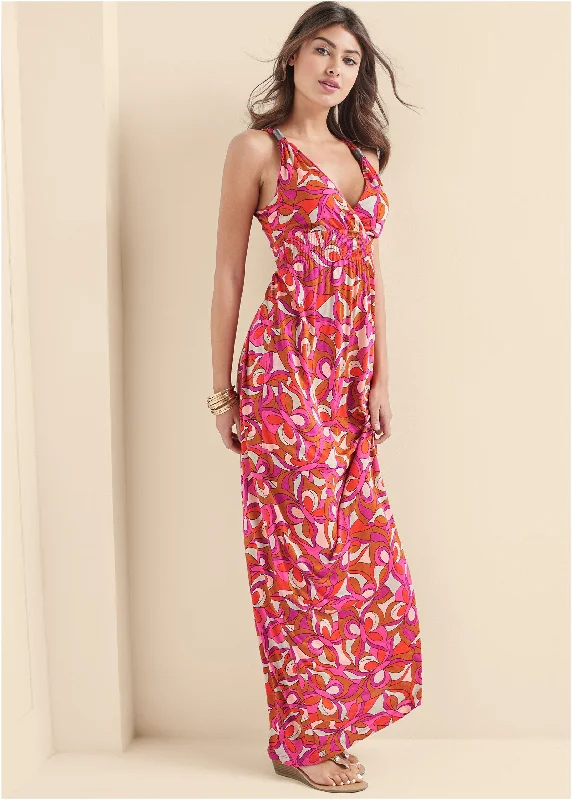 white evening dress-Geometric Print Maxi Dress - Pink Multi