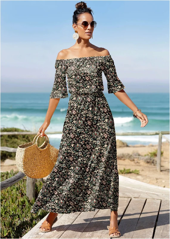 mustard yellow dress-Off-The-Shoulder Maxi Dress - Black Floral