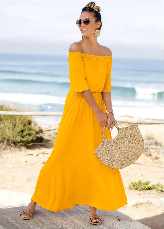 cream lace dress-Off-The-Shoulder Maxi Dress - Yellow