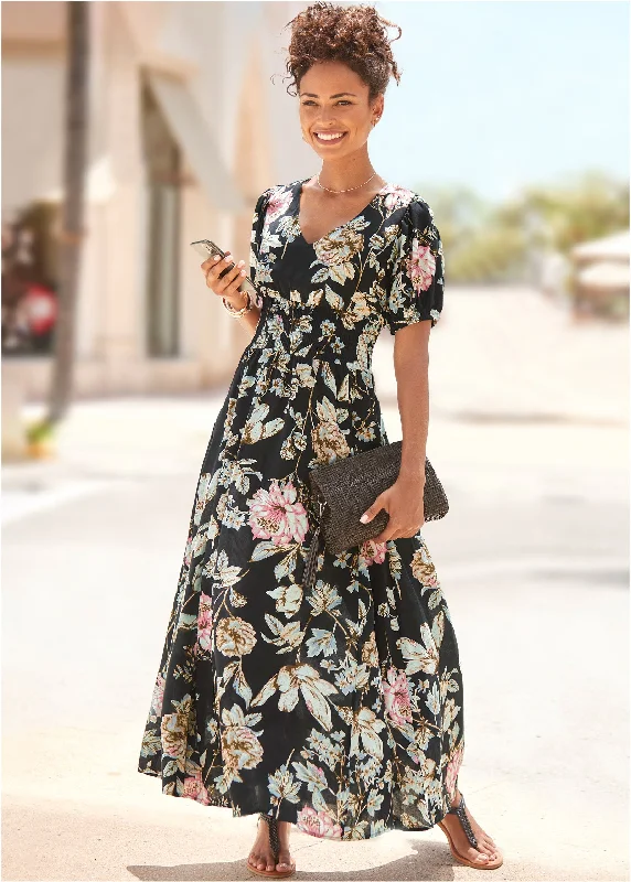 coral prom dress-Floral Maxi Dress - Black Multi