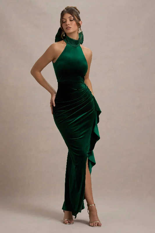 shift prom dress-Janiya | Green Velvet High-Neck Ruffled Split Maxi Dress