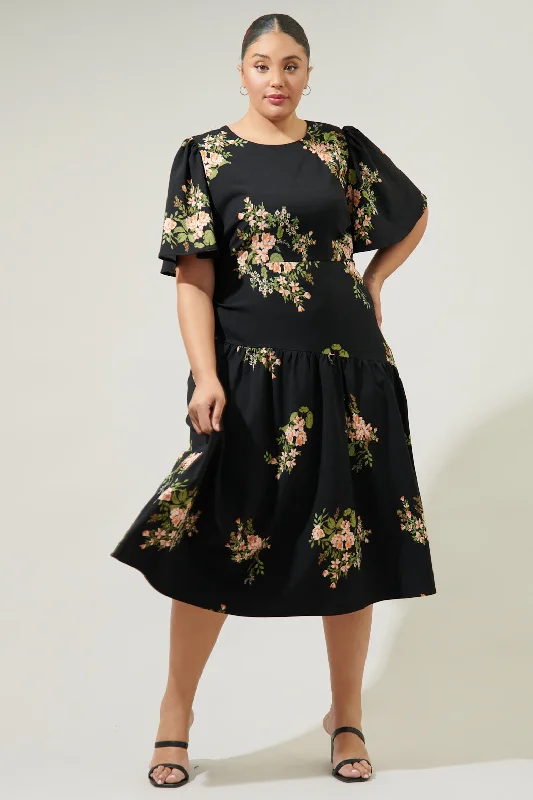 black lace dress-Jasleen Floral Bruna Drop Waist Midi Dress Curve